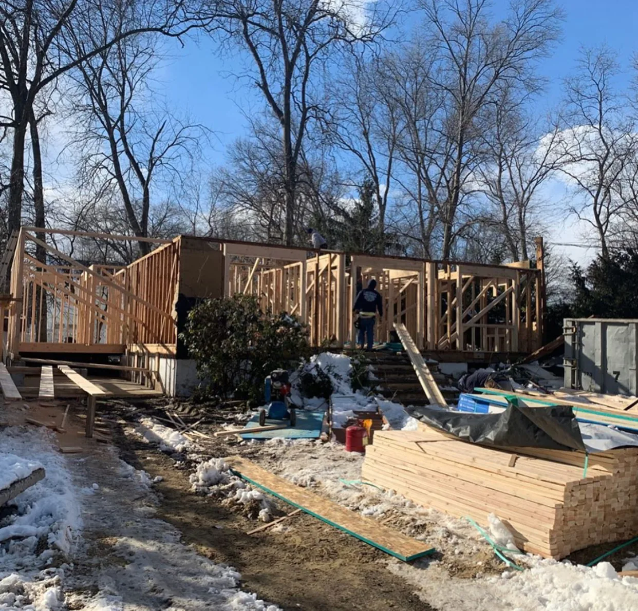 Framing stage of a Global Hill Construction new build in Connecticut